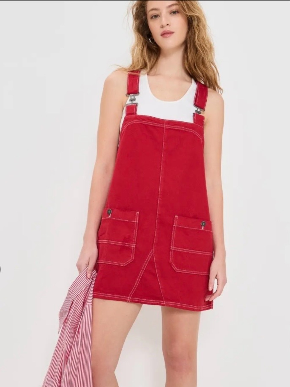 We The Free red overall dress with white topstitching